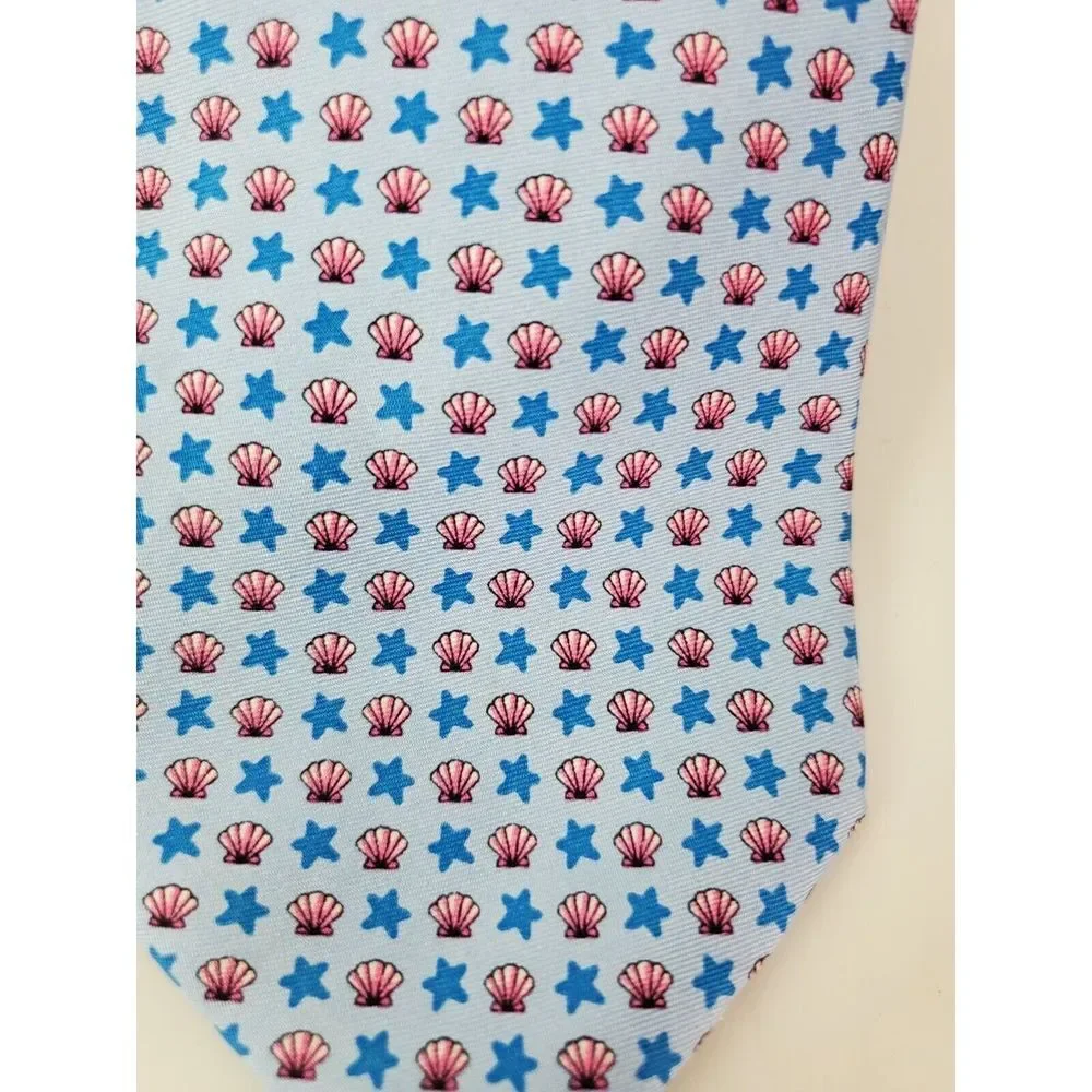 Tommy Hilfiger Mens‎ Silk Necktie Blue Novelty Print Stars & Seashells